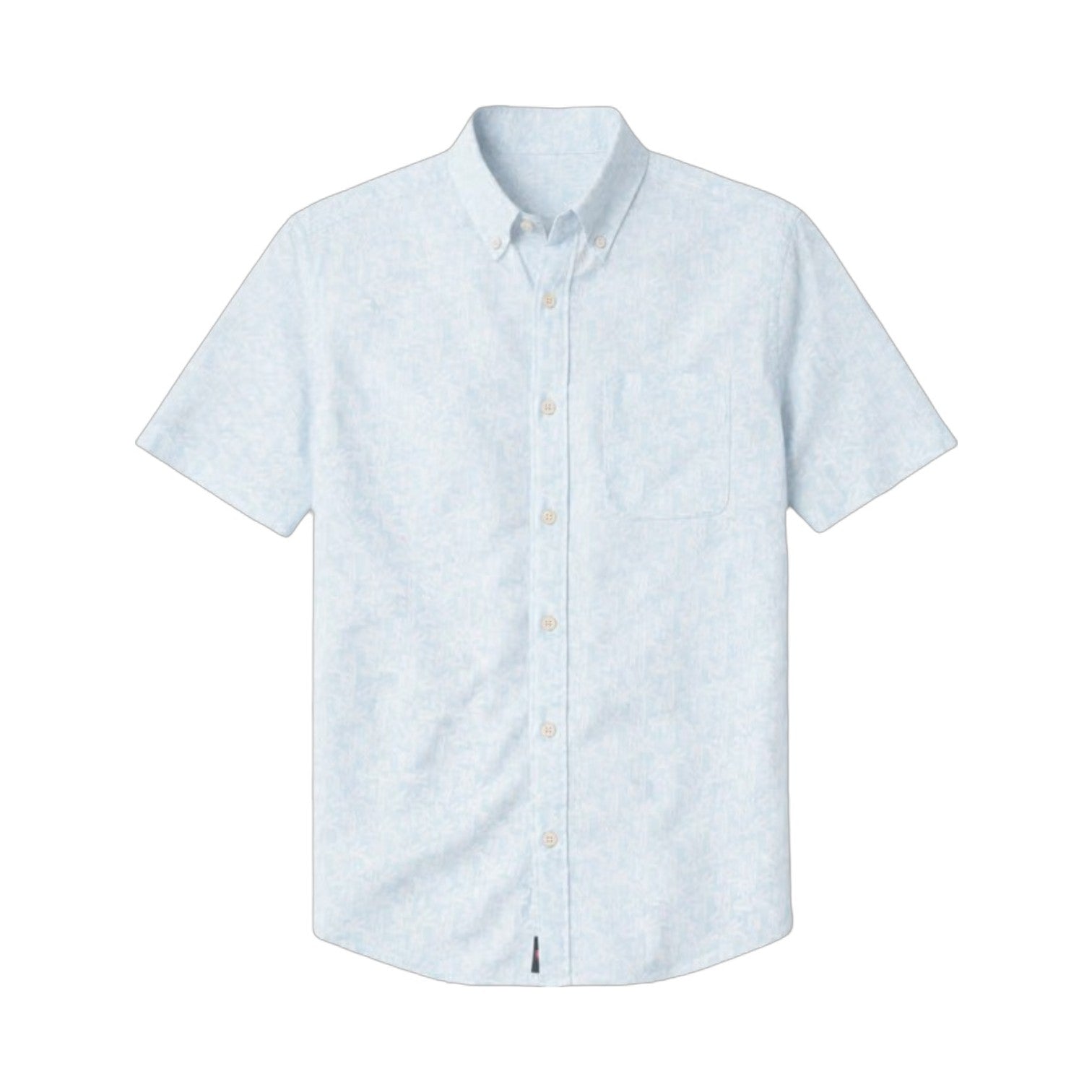 Introducing the Faherty SS Breeze Shirt, a light blue short-sleeve button-up featuring a button-down collar and single chest pocket. Expertly crafted from lightweight linen for breathable comfort, shown here against a white background.