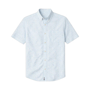 Introducing the Faherty SS Breeze Shirt, a light blue short-sleeve button-up featuring a button-down collar and single chest pocket. Expertly crafted from lightweight linen for breathable comfort, shown here against a white background.