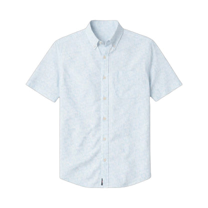 Introducing the Faherty SS Breeze Shirt, a light blue short-sleeve button-up featuring a button-down collar and single chest pocket. Expertly crafted from lightweight linen for breathable comfort, shown here against a white background.
