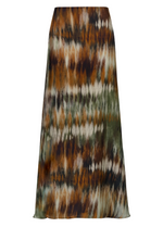 The Johanna Ortiz New Intermingled Ideas Maxi Skirt is an A-line georgette piece with a brown, green, black, and white tie-dye pattern, shown on a plain white background.