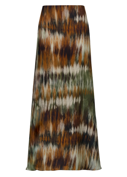 The Johanna Ortiz New Intermingled Ideas Maxi Skirt is an A-line georgette piece with a brown, green, black, and white tie-dye pattern, shown on a plain white background.