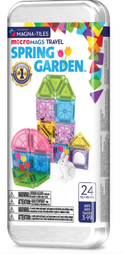 A package of the MicroMags Spring Garden 24-Piece Travel Set by MagnaTiles featuring 24 colorful floral tiles, a rabbit figure, and spring-themed designs—perfect for ages 3-99.