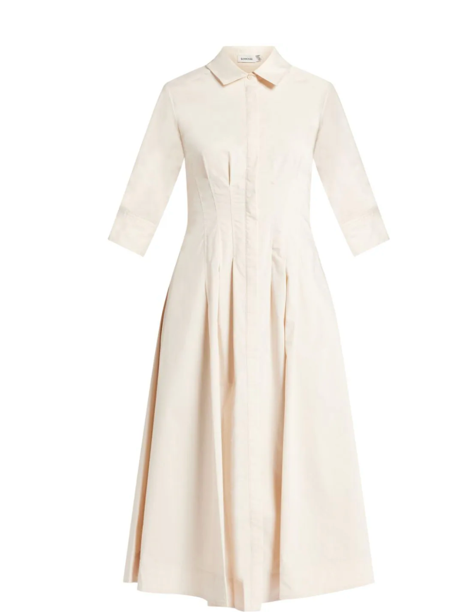 The Signature Jazz Dress by Simkhai is a cream-colored, long-sleeved, collared midi dress with a front button-down design and a fitted waist. Made from cotton poplin, it showcases an elegant A-line silhouette, ideal for any occasion.