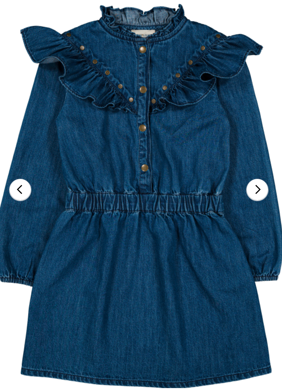 The Louis Louise Girls' Pop Light Denim Dress features long sleeves, front buttons, a ruffled yoke, and an elastic waistband. The dress is shown laid flat on a white background.