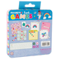 Back of a Floss and Rock “Magnetic Fun & Games Tin - Rainbow Fairy” box displaying colorful illustrations of classic games like snakes and ladders, tic tac toe, puzzles, and rainbows—ideal travel entertainment for kids. The magnetic tin features vibrant rainbow fairy artwork with text and safety icons, making it a charming addition to any collection of rainbow fairy toys.
