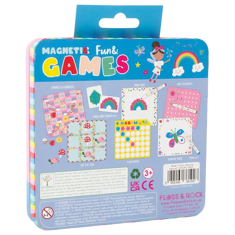 Back of a Floss and Rock “Magnetic Fun & Games Tin - Rainbow Fairy” box displaying colorful illustrations of classic games like snakes and ladders, tic tac toe, puzzles, and rainbows—ideal travel entertainment for kids. The magnetic tin features vibrant rainbow fairy artwork with text and safety icons, making it a charming addition to any collection of rainbow fairy toys.