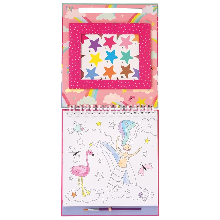An open Floss and Rock Fantasy Paint By Numbers set features a star-shaped color palette at the top and a partially colored illustration of a mermaid, flamingo, butterflies, and clouds below; a paintbrush rests at the bottom.