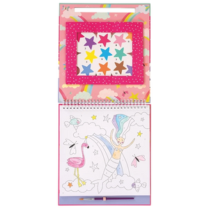 An open Floss and Rock Fantasy Paint By Numbers set features a star-shaped color palette at the top and a partially colored illustration of a mermaid, flamingo, butterflies, and clouds below; a paintbrush rests at the bottom.