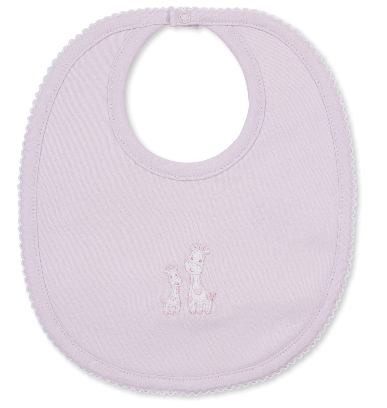 The Giraffe Laughs Bib by Kissy Kissy is crafted from soft Pima cotton in light pink, featuring an embroidered giraffe and calf design at the center, scalloped trim, and a secure snap closure at the neck.