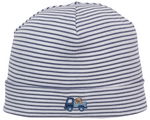 The Bears on the Go Striped Hat by Kissy Kissy is a white baby cap crafted from soft Pima cotton, featuring thin navy blue horizontal stripes and a small blue truck with a dog embroidered on the front cuff.