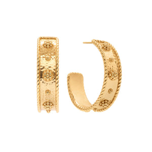 Berry Classic Medium Hoop Earrings by Juliska Capucine De Wulf feature gold-toned classic hoops with hammered texture, floral motifs, and rope-like edges, shown from front and side angles on a white background.