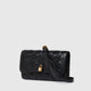 The Stella McCartney Stella Woven Ryder Wallet with Strap features black woven leather, a flap closure, gold padlock detail, and an adjustable strap, elegantly displayed against a plain light background.