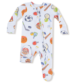 The Angel Dear Baby Boys' 2-Way Zipper Footie features a light blue bamboo fabric with colorful sports-themed prints, including balls, rackets, bats, and paddles.