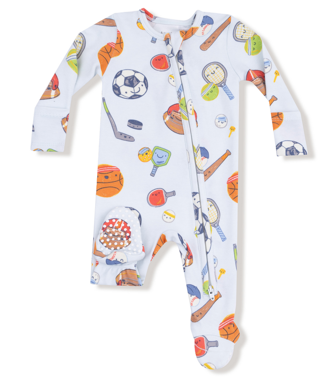 The Angel Dear Baby Boys' 2-Way Zipper Footie features a light blue bamboo fabric with colorful sports-themed prints, including balls, rackets, bats, and paddles.