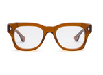 The Caddis Muzzy Reader is a pair of rectangular, brown bio-based acetate eyeglasses with scratch-resistant clear lenses, shown from the front against a white background.