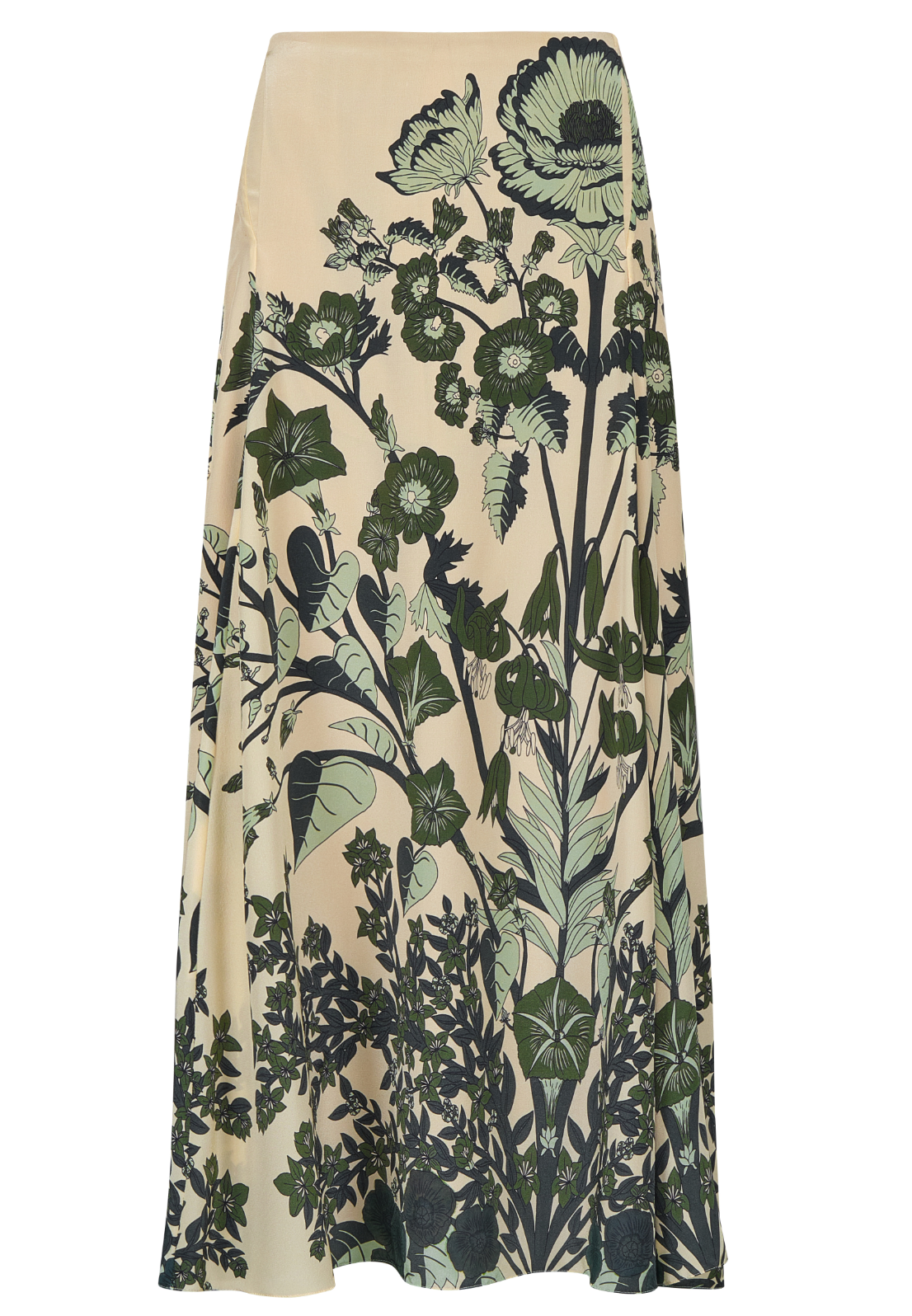 The Poems of the Sea Ankle Skirt by Johanna Ortiz is a beige silk midi skirt with a striking green and black botanical print of large flowers and leaves.
