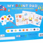 Introducing My Painting Construction by Floss and Rock—a spiral-bound paint pad featuring construction-themed coloring pages, truck-shaped paint palettes, helpful color tips, and vibrant illustrations of vehicles and cones on a blue background—perfect for creative painting fun wherever you go.