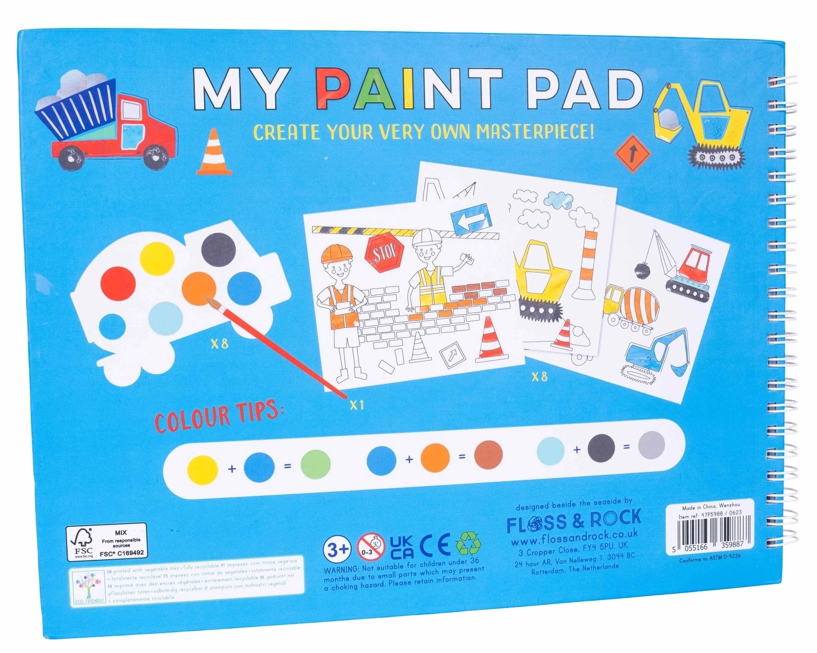 Introducing My Painting Construction by Floss and Rock—a spiral-bound paint pad featuring construction-themed coloring pages, truck-shaped paint palettes, helpful color tips, and vibrant illustrations of vehicles and cones on a blue background—perfect for creative painting fun wherever you go.