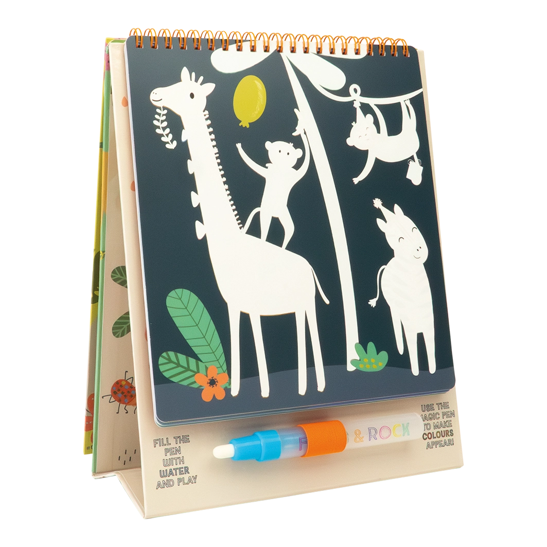 The Floss and Rock Magic Color Changing Watercard Easel and Pen - Jungle is a spiral-bound, portable kids art set featuring white animal outlines—including a giraffe, monkey, and zebra—and comes with a blue water pen for creative fun on the go.