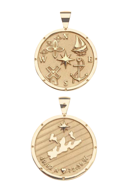 The Jane Win Destination Pendant Necklace Collection features two gold necklaces: one with a compass rose, sailboat, anchor, and more; the other engraved with a map, coordinates, and a star.