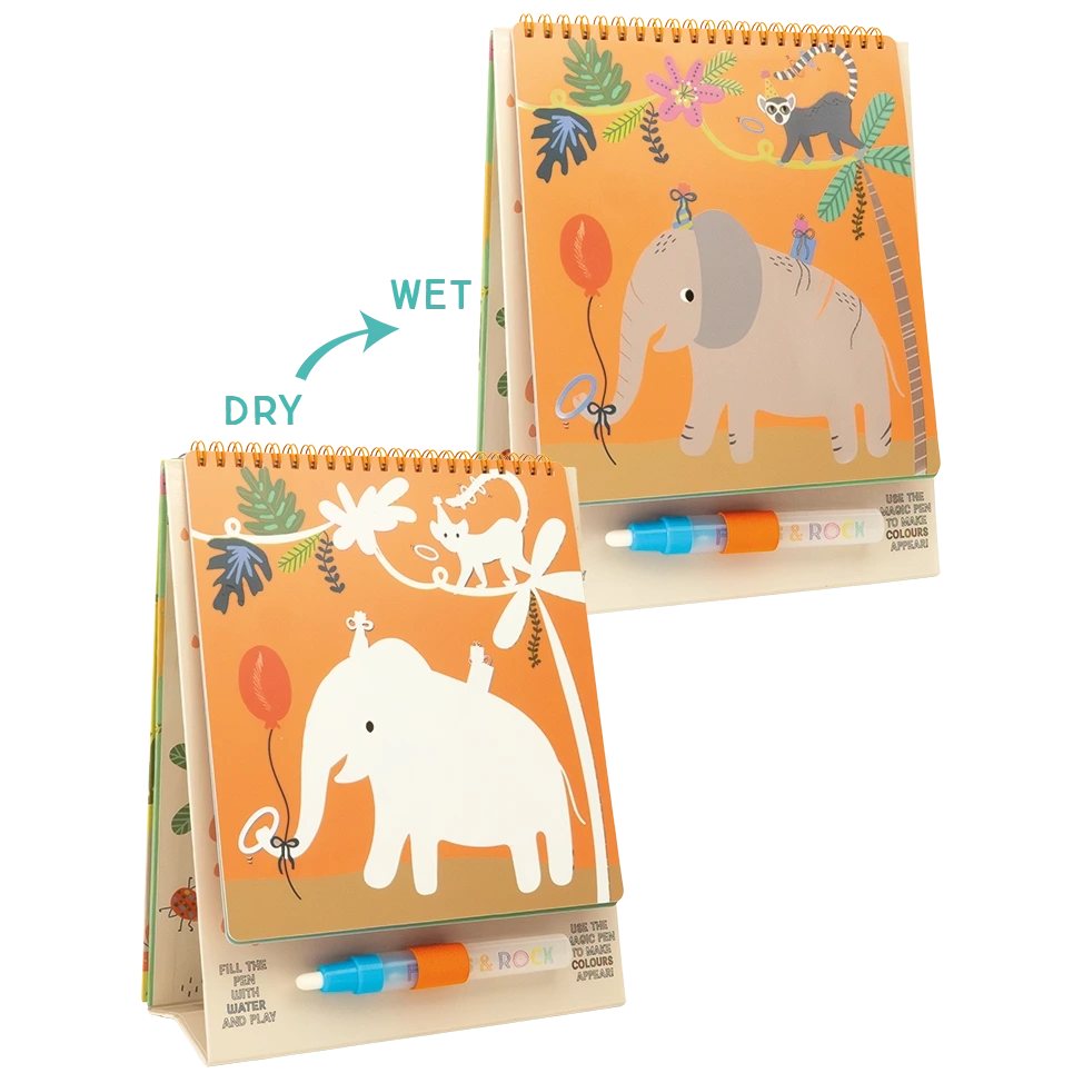 Introducing the Floss and Rock Magic Color Changing Watercard Easel and Pen - Jungle: This portable kids’ art set features an adorable elephant illustration. The easel pad’s left side is blank for free drawing, while the right side reveals vibrant jungle scenes with a refillable water pen. This reusable coloring pad offers hours of creative fun at home or on-the-go.