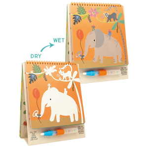 Introducing the Floss and Rock Magic Color Changing Watercard Easel and Pen - Jungle: This portable kids’ art set features an adorable elephant illustration. The easel pad’s left side is blank for free drawing, while the right side reveals vibrant jungle scenes with a refillable water pen. This reusable coloring pad offers hours of creative fun at home or on-the-go.