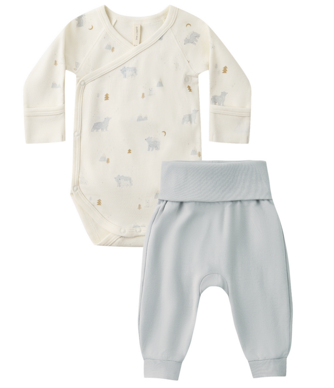 The Quincy Mae Baby Girls' Side Snap Bodysuit & Pant Set features a cream, long-sleeve animal and moon print bodysuit with side snaps, plus light gray elastic-waist pants—perfect for keeping newborns cozy.