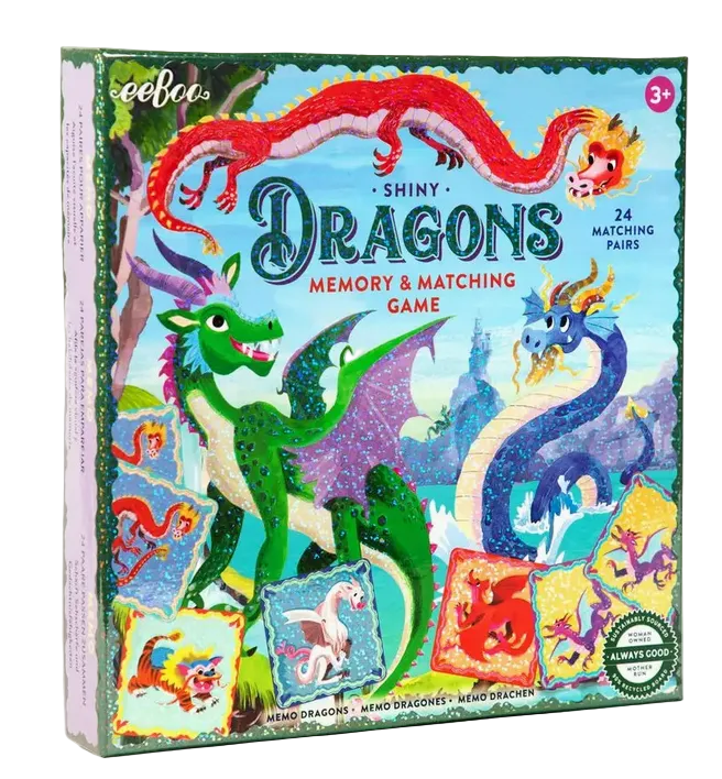 Box of Eeboo's "Dragons Shiny Memory & Matching Game," designed for ages 3 and up, featuring 24 pairs of colorful dragon tiles. This engaging memory game is perfect for young children to build matching and memory skills.