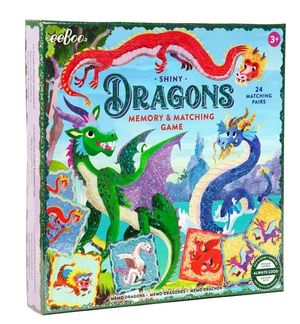 Box of Eeboo's "Dragons Shiny Memory & Matching Game," designed for ages 3 and up, featuring 24 pairs of colorful dragon tiles. This engaging memory game is perfect for young children to build matching and memory skills.