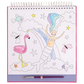 A color-by-number page from the Floss and Rock Fantasy Paint By Numbers kids art kit shows a mermaid, rainbow, clouds, stars, fish, butterflies, and a flamingo. The spiral-bound page is partially colored with a paintbrush resting below it.