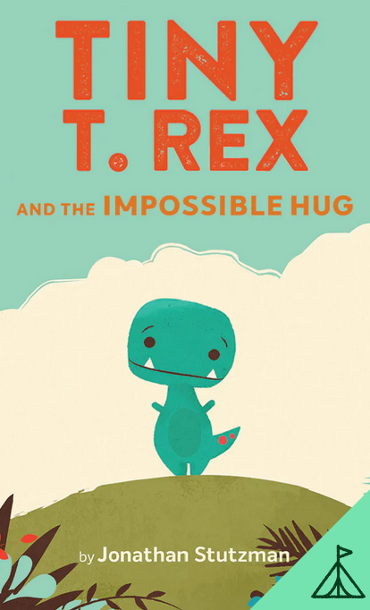 Yoto Card: Tiny T-Rex and the Impossible Hug by Jonathan Stutzman, from Yoto, features Tiny T. Rex—a small, green cartoon dinosaur—standing on a grassy hill with a cloudy sky in the background, perfectly capturing the charm of this delightful dinosaur story.