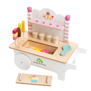 The Ice Cream Cart by Tender Leaf Toys is a charming wooden toy designed for pretend play, complete with cones, popsicles, scoops, and toppings. Featuring pastel colors and the Tender Leaf Toys logo on the side, it makes a delightful addition to any imaginative play space.