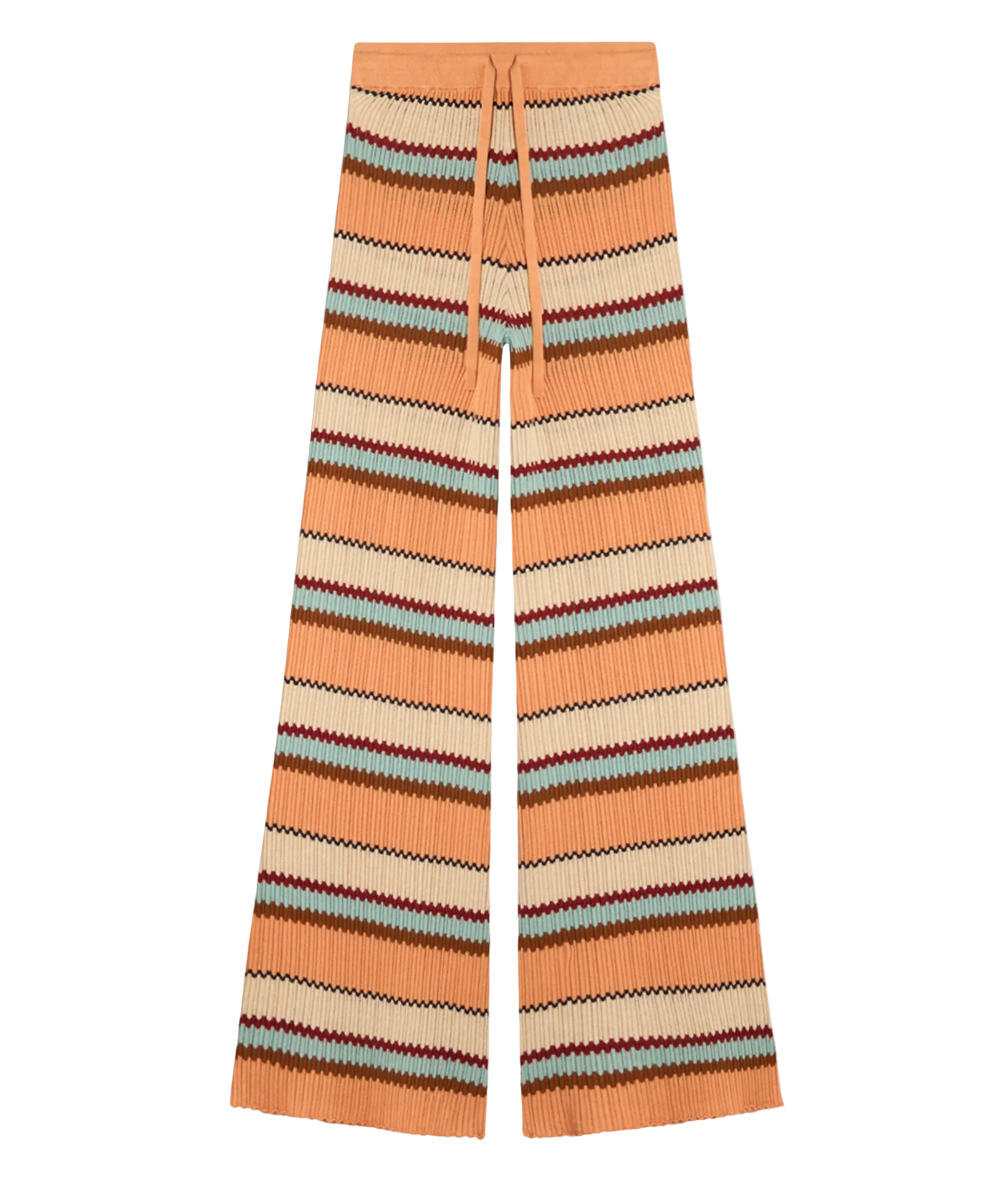 The Guest in Residence Palazzo Pant features a drawstring waist and breathable wide-leg design with horizontal zigzag stripes in orange, beige, blue, and burgundy.