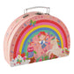 Introducing the Floss and Rock Rainbow Fairy Tin Tea Set in a semi-circle foiled case, decorated with a charming pink design featuring a rainbow, fairy, white unicorn, owl, butterflies, flowers, and mushrooms. Perfect for imaginative play or packing your tin tea set for a pretend picnic. The sturdy case includes a silver handle and latch for easy carrying.