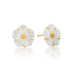 The Juliska Capucine De Wulf Mermaid Garden Petite Stud Earrings feature a botanical design with white florals and gold-tone accents at the center and edges, beautifully displayed against a white background.