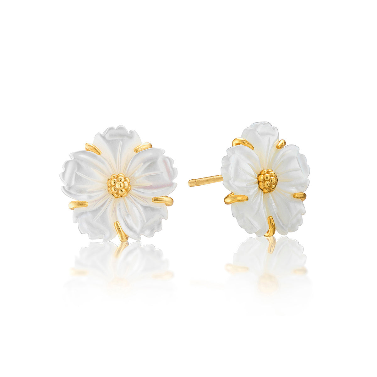 The Juliska Capucine De Wulf Mermaid Garden Petite Stud Earrings feature a botanical design with white florals and gold-tone accents at the center and edges, beautifully displayed against a white background.