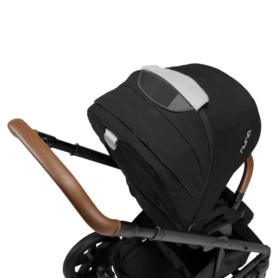 A Nuna MIXX Next Stroller in black, featuring a brown handle, a large canopy, and designed for compact folding convenience.