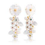The Juliska Capucine De Wulf Mermaid Garden Convertible Statement Earrings feature carved white mother of pearl flowers and leaves with gold accents and pastel gemstone centers.