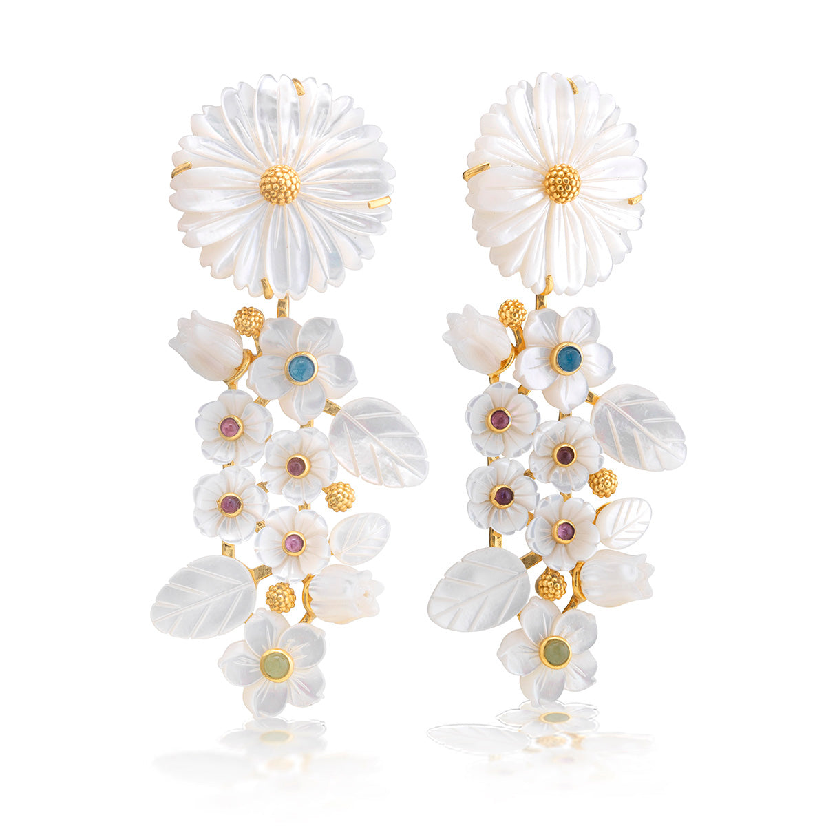 The Juliska Capucine De Wulf Mermaid Garden Convertible Statement Earrings feature carved white mother of pearl flowers and leaves with gold accents and pastel gemstone centers.