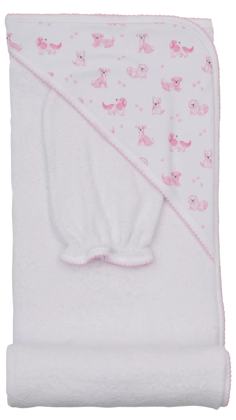 Wrap your little one in the Puppy Paws Hooded Towel w/ Mitt Set from Kissy Kissy, crafted from soft white Pima cotton with a cozy corner hood, charming pink animal print, and delicate pink trim—neatly folded and perfectly paired with the matching baby bath mitt for an irresistibly cute bath time duo.