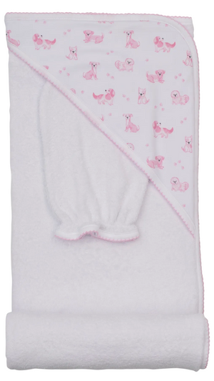 Wrap your little one in the Puppy Paws Hooded Towel w/ Mitt Set from Kissy Kissy, crafted from soft white Pima cotton with a cozy corner hood, charming pink animal print, and delicate pink trim—neatly folded and perfectly paired with the matching baby bath mitt for an irresistibly cute bath time duo.