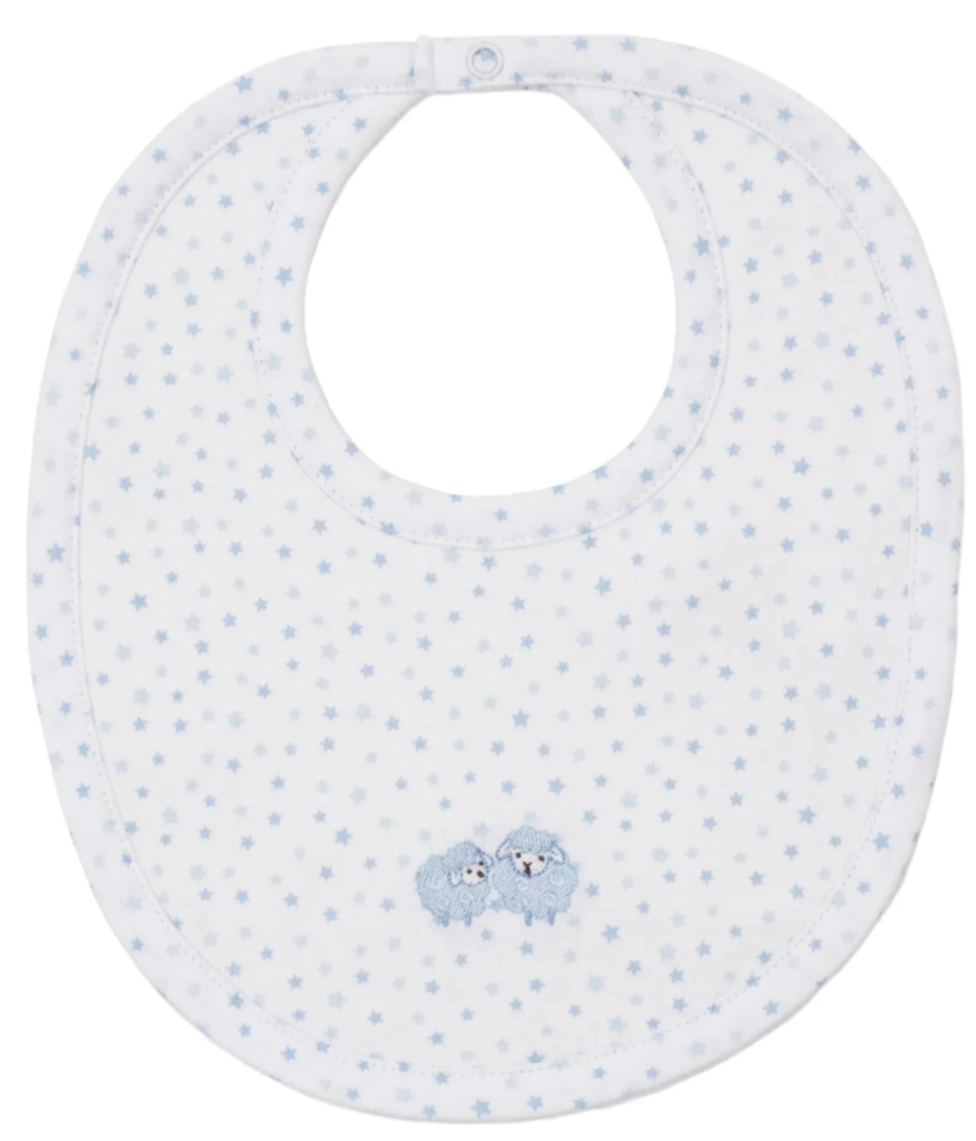 The Kissy Kissy Baa Baa Baby Sheep Bib boasts light blue stars and an embroidered sheep, crafted from the softest Pima cotton for ultimate comfort.