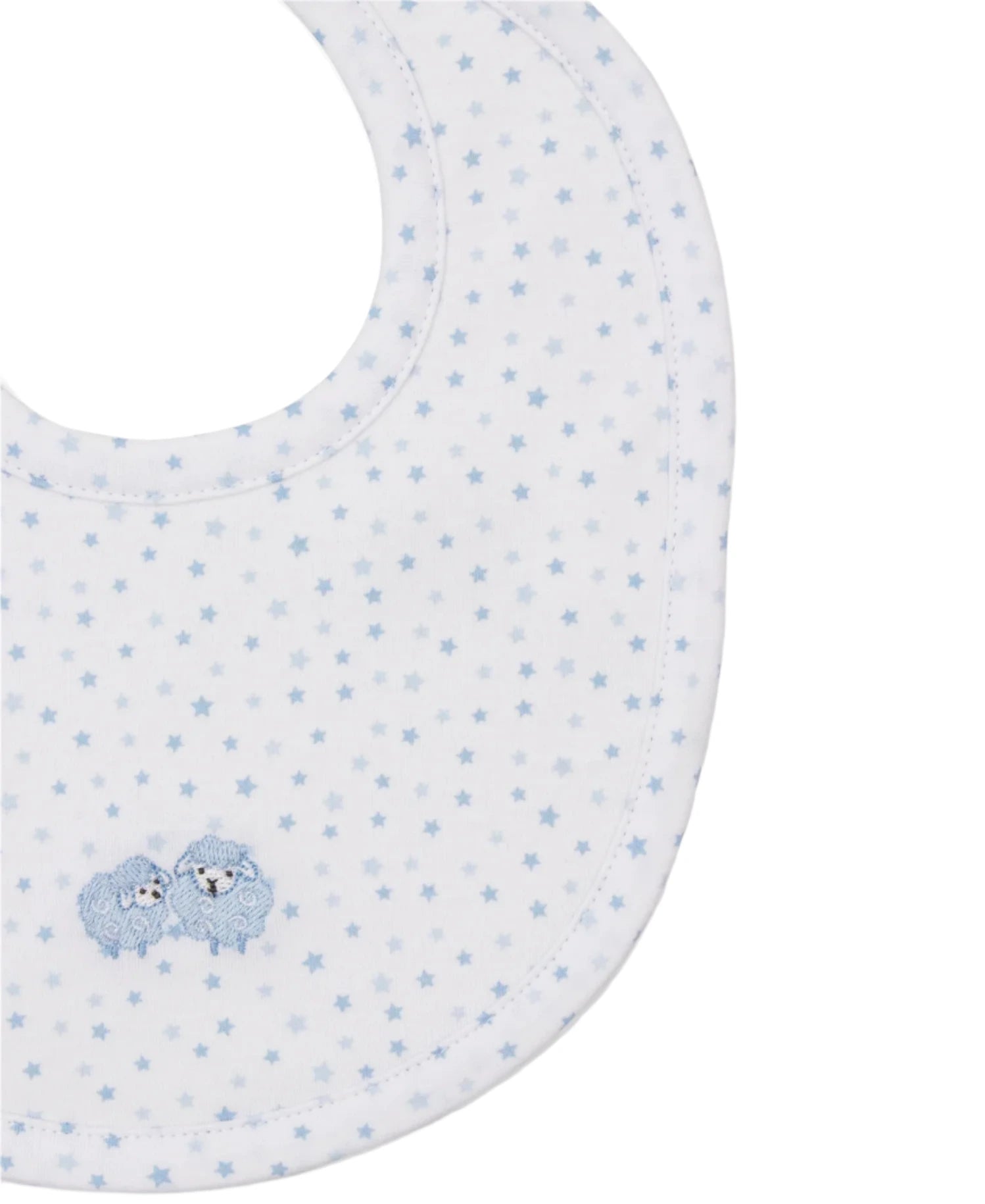 The Kissy Kissy Baa Baa Baby Sheep Bib, made by the Kissy Kissy brand, is a charming bib crafted from soft Pima cotton featuring blue stars and two small embroidered blue lambs.