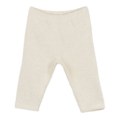 The Arsene & Les Pipelettes Baby Enes Brushed Knit Leggings are beige, long-sleeved leggings with an elastic waistband, shown laid flat on a white background.