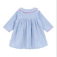 The Arsene & Les Pipelettes Baby Girls' Giovana Dress features light blue long sleeves with pink ruffled trim on the collar and cuffs, shown on a plain white background.