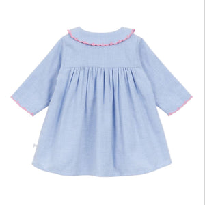 The Arsene & Les Pipelettes Baby Girls' Giovana Dress features light blue long sleeves with pink ruffled trim on the collar and cuffs, shown on a plain white background.