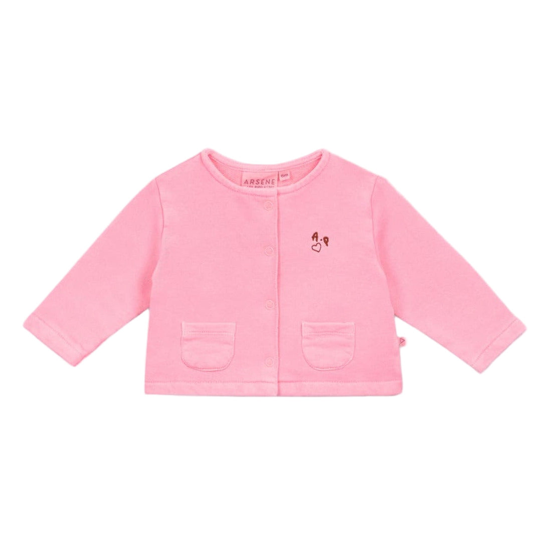 The Arsene & Les Pipelettes Baby Girls' Guadalupe Fluo Fleece Cardigan is pink with long sleeves, front buttons, two small pockets, and a cute heart and bunny chest design.