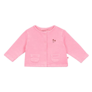 The Arsene & Les Pipelettes Baby Girls' Guadalupe Fluo Fleece Cardigan is pink with long sleeves, front buttons, two small pockets, and a cute heart and bunny chest design.