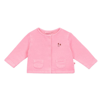 The Arsene & Les Pipelettes Baby Girls' Guadalupe Fluo Fleece Cardigan is pink with long sleeves, front buttons, two small pockets, and a cute heart and bunny chest design.