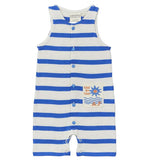 The Arsene & Les Pipelettes Baby Boys' Sailor Jumpsuit features blue and white horizontal stripes, front buttons, and a small sun and waves graphic on the left pocket—perfect for nautical-inspired baby outfits.